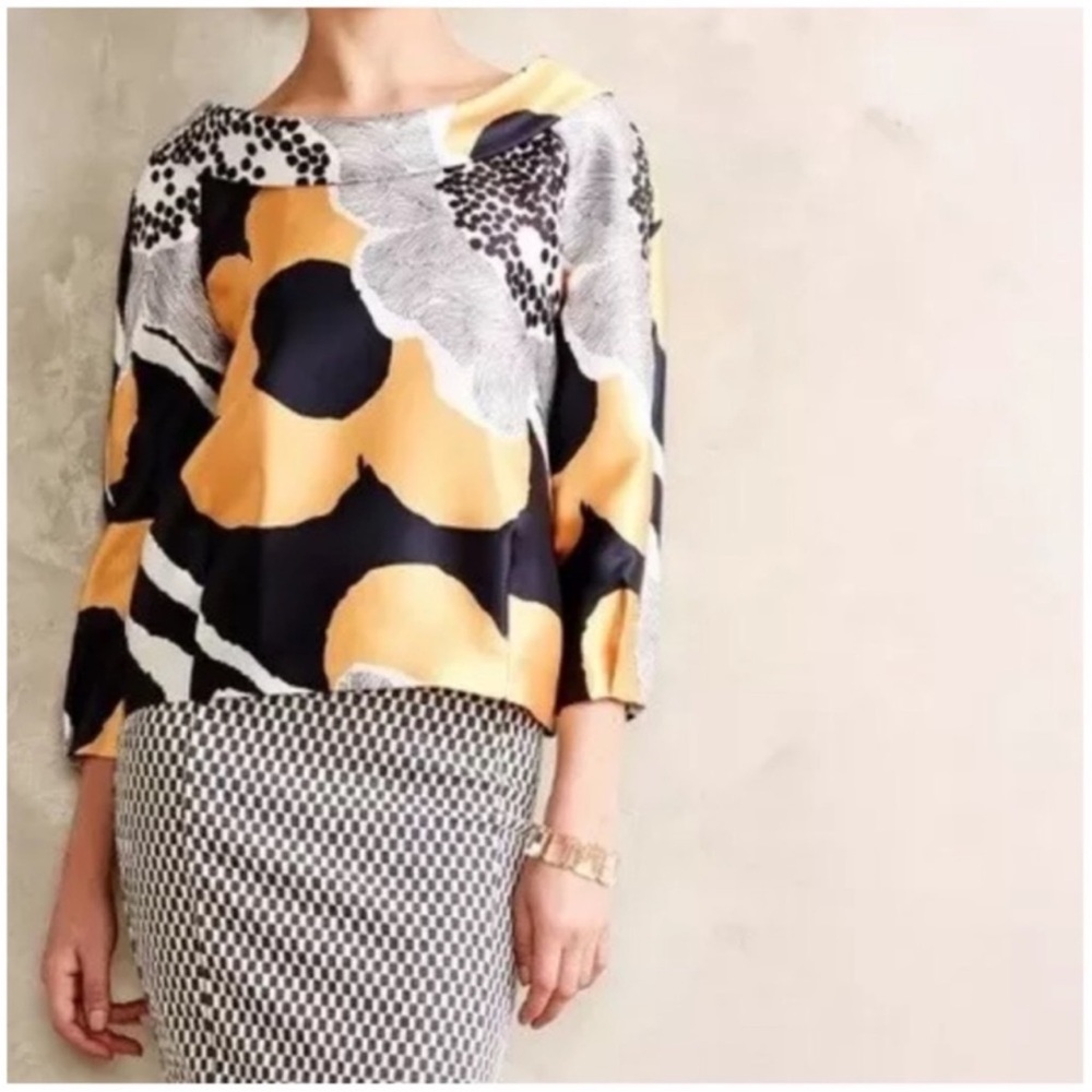 Anthropologie RAOUL Aristata Swingy Folded Neck Pleatmon Cuff Floral Top Sz 4